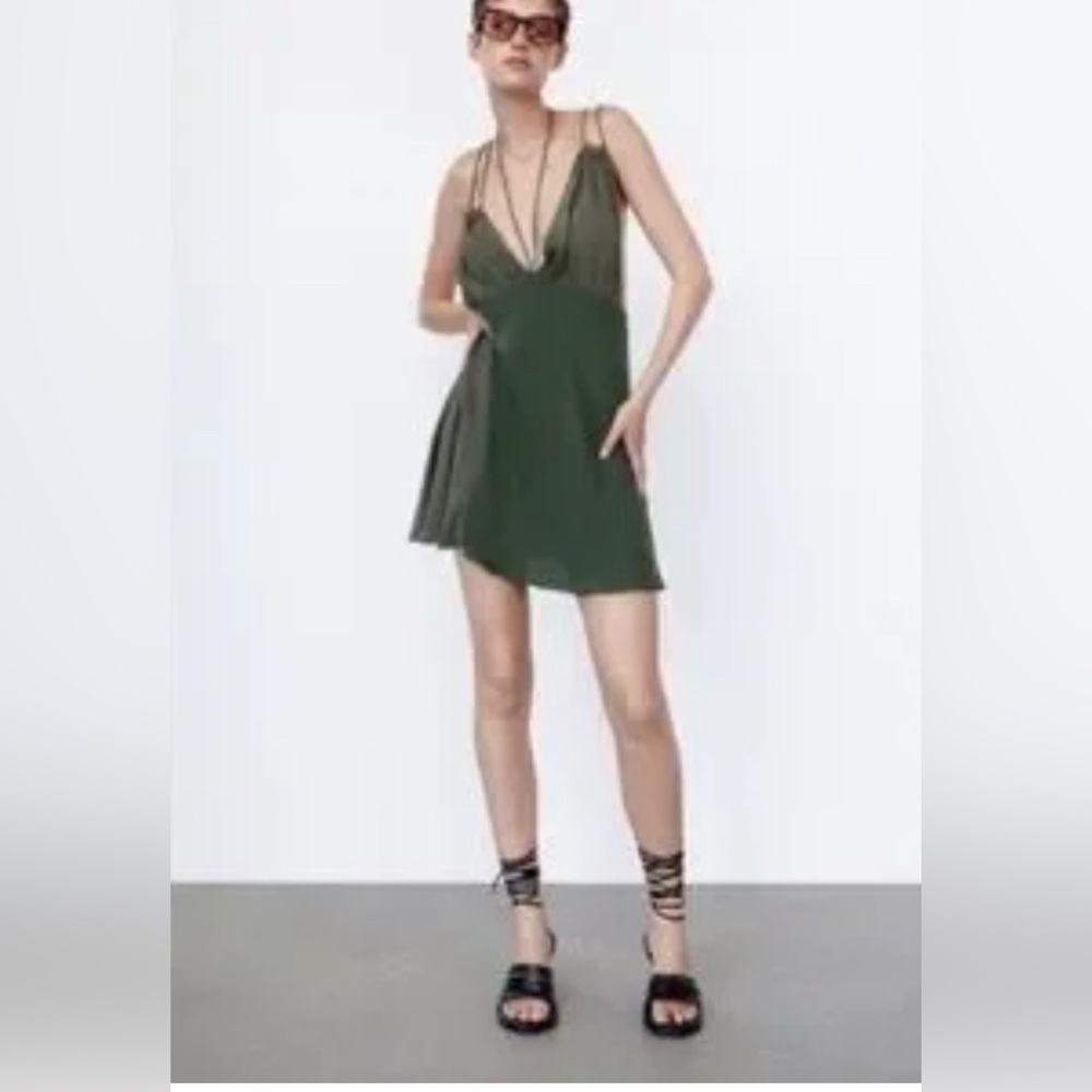 Zara Dark Olive Green Spaghetti Strap Mini Dress.     Size-Small